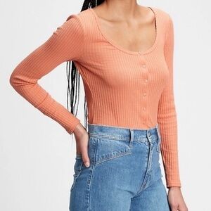 NWT Gap Large Pointelle Button Front T Shirt Orange Peach Long Sleeve tee top